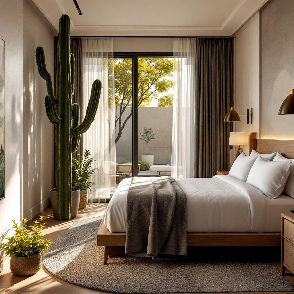 A modern hotel bedroom featuring a large bed, plants, and natural light.