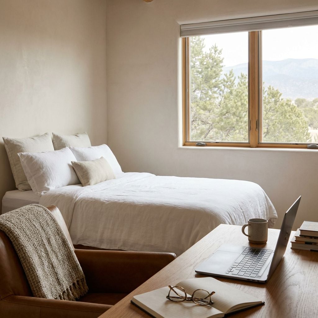 A cozy bedroom featuring a bed, a desk with a laptop, and a view of mountains through the window.