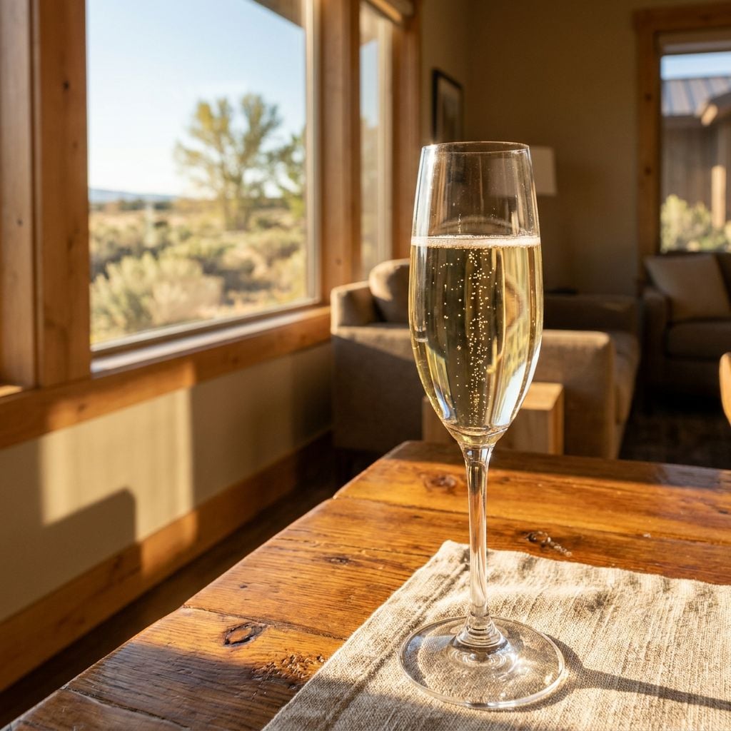 A glass of sparkling wine is placed on a table with a view of a natural landscape through a window.