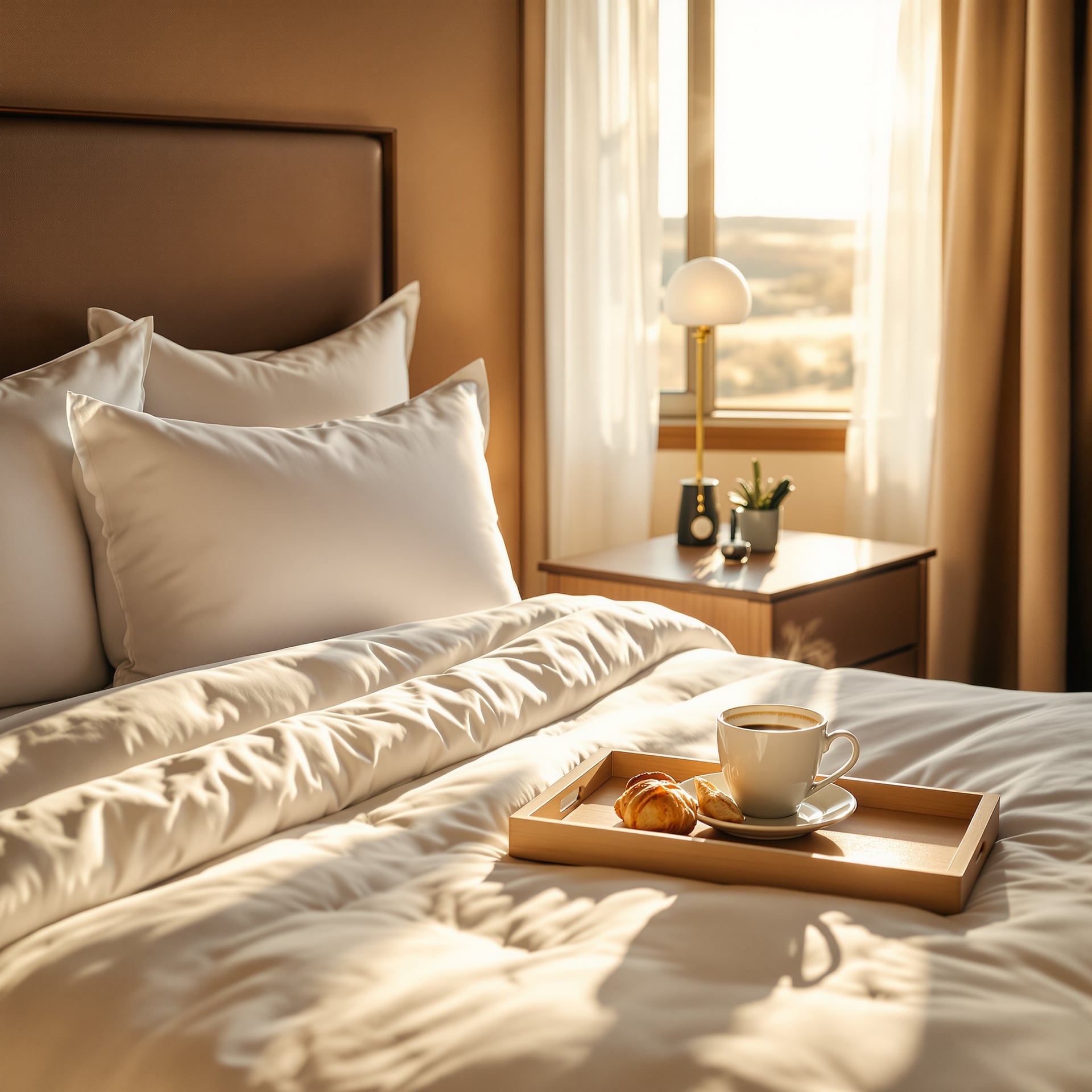 A cozy hotel room featuring a neatly made bed with a tray of coffee and a croissant.