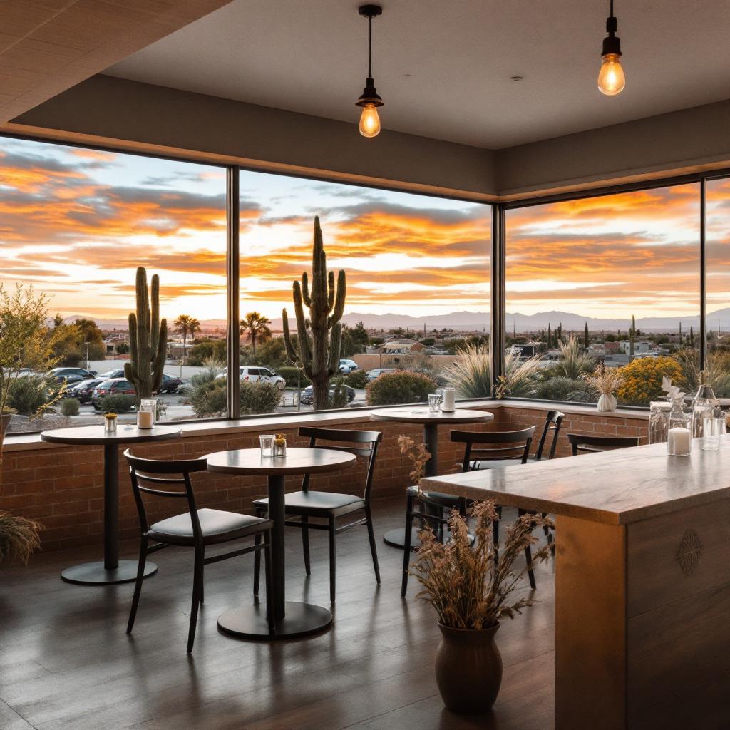 A modern dining area with tables and chairs, featuring large windows that showcase a sunset view with cacti outside.