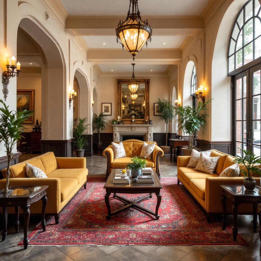 A luxurious hotel lobby featuring elegant furniture and decorative plants.