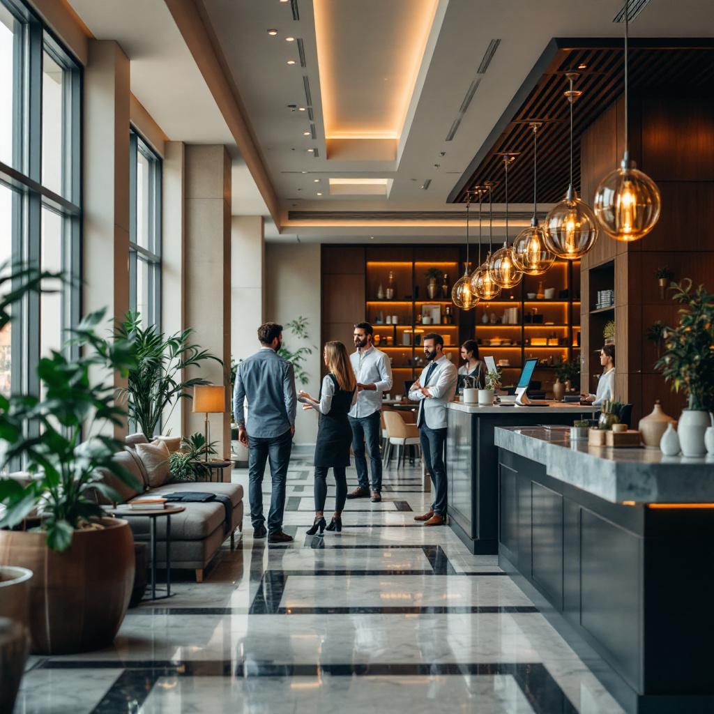A modern hotel lobby with guests interacting and staff at the reception.