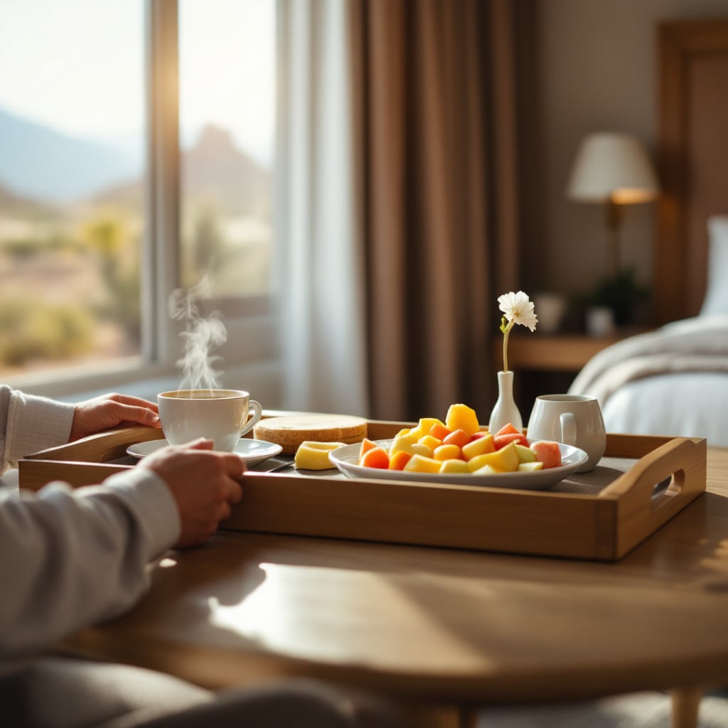 A person is holding a cup of coffee while sitting at a table with a tray of fruit and a small flower vase.
