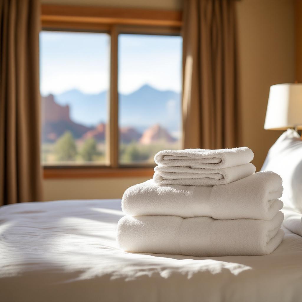 A stack of white towels is neatly arranged on a bed with a scenic view of mountains in the background.