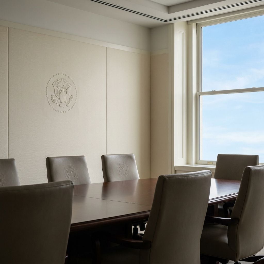 A conference room with a large wooden table and leather chairs, featuring a window with a view.