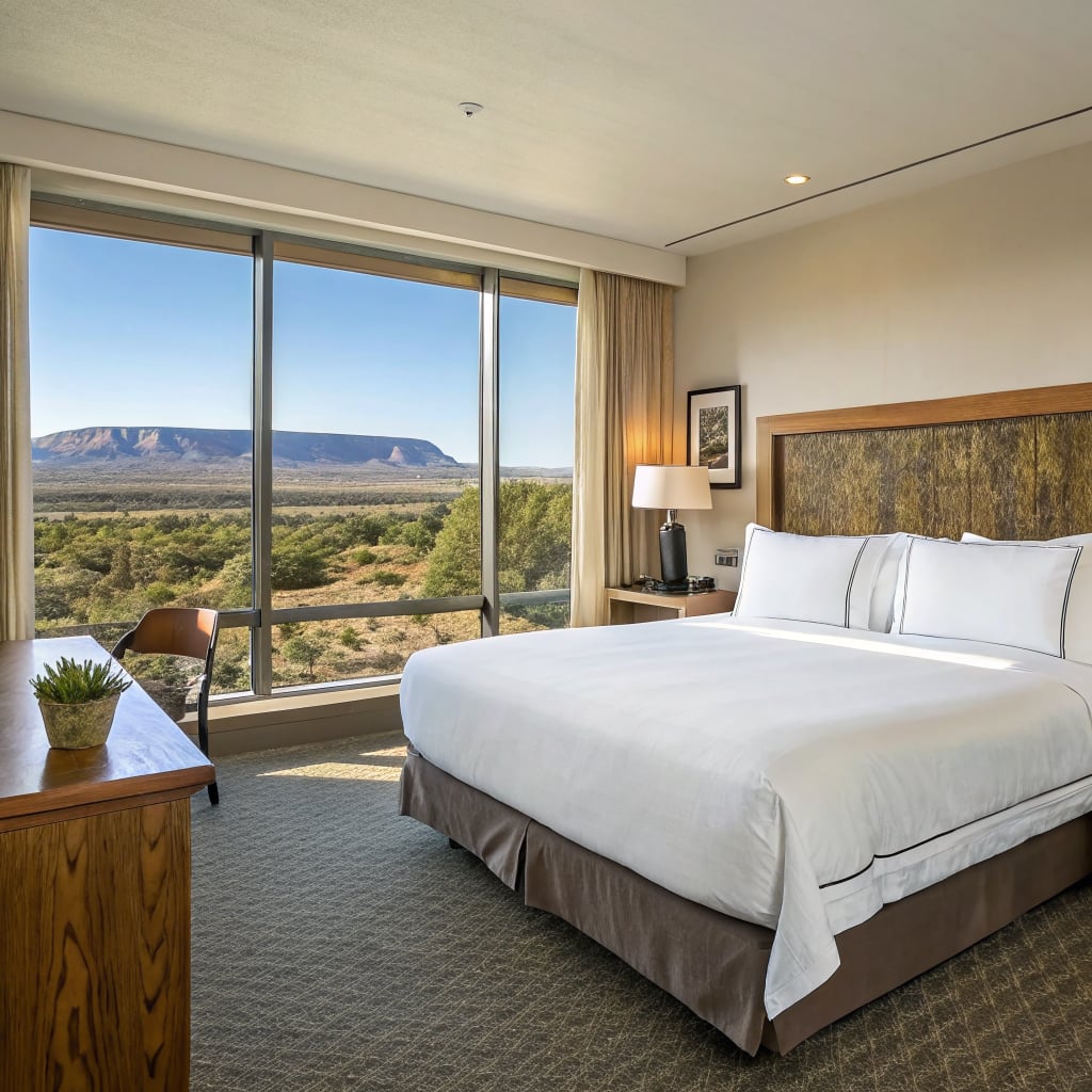 A modern hotel room featuring a large bed and a scenic view of mountains through a large window.