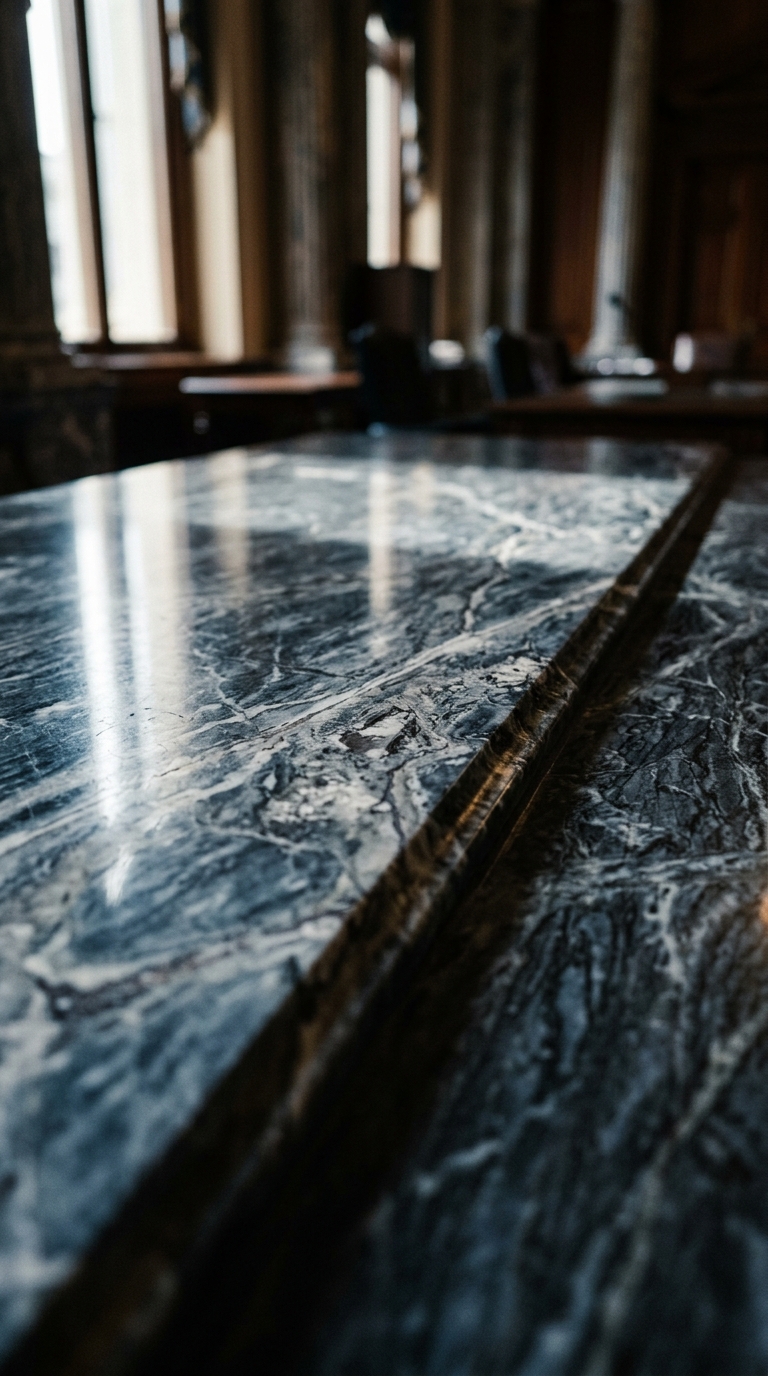 A close-up view of a polished marble surface in an interior space.