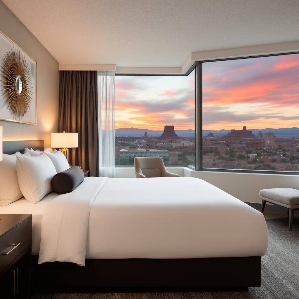 A modern hotel room with a large window showcasing a sunset view over a desert landscape.