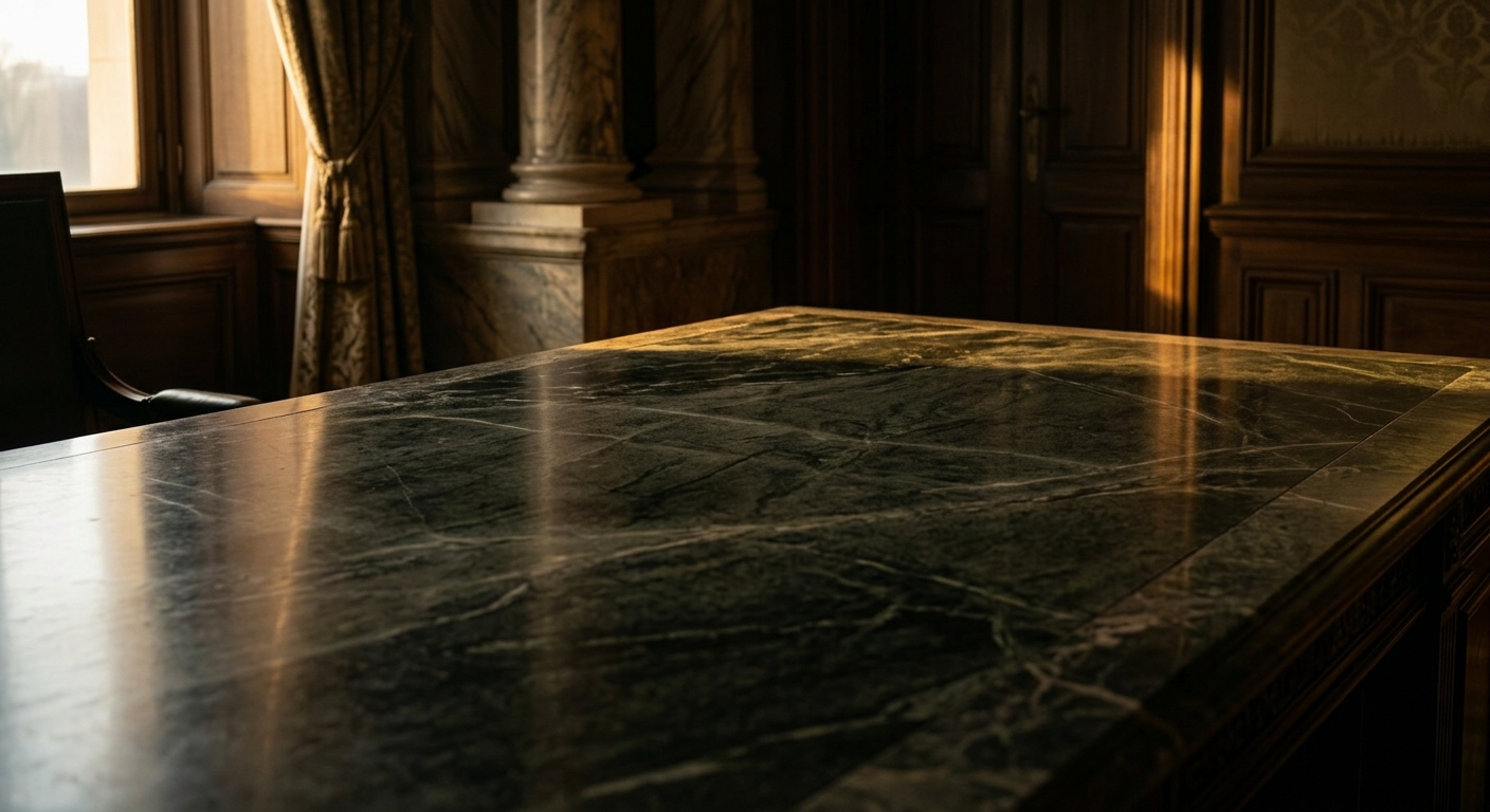 A close-up view of a polished marble table in a richly decorated room.