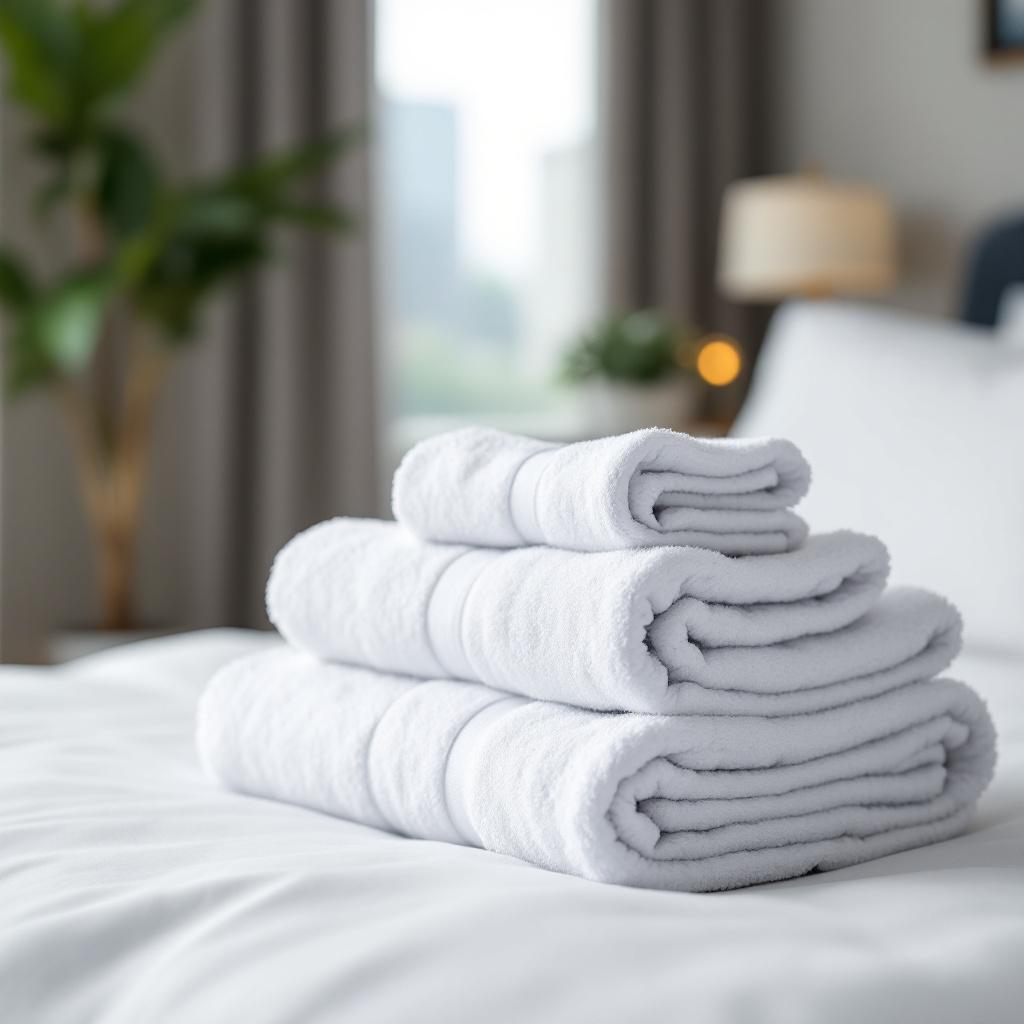A stack of neatly folded white towels on a bed.