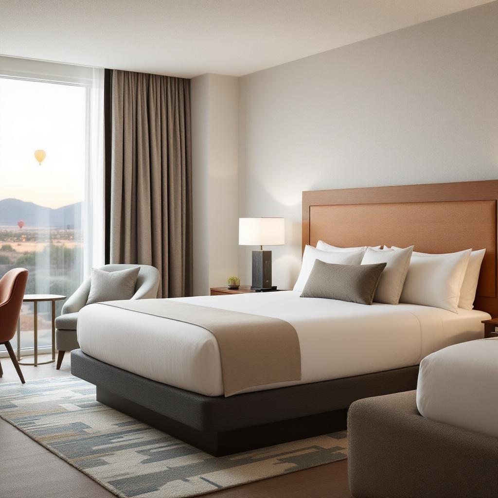 A modern hotel room featuring a large bed, a chair, and a window with a view.