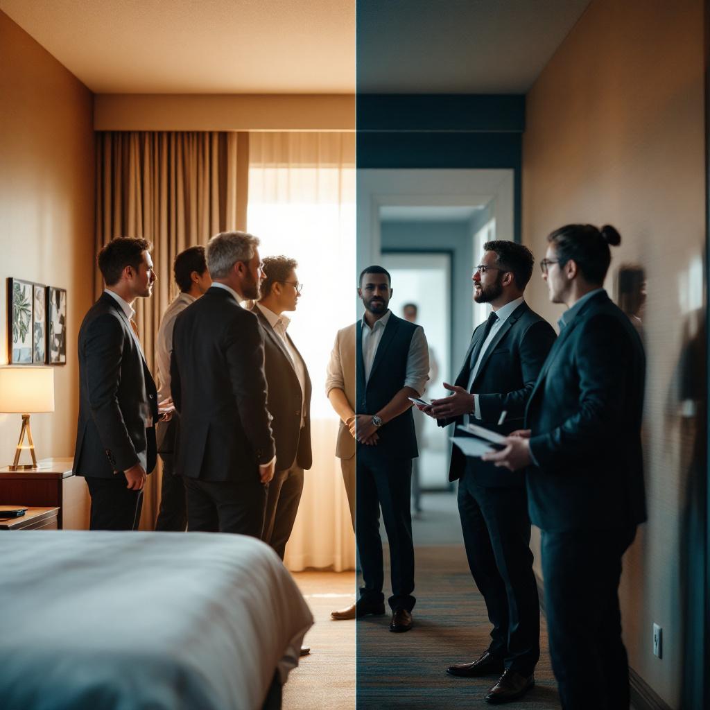 A group of business professionals in suits discussing in a hotel room.