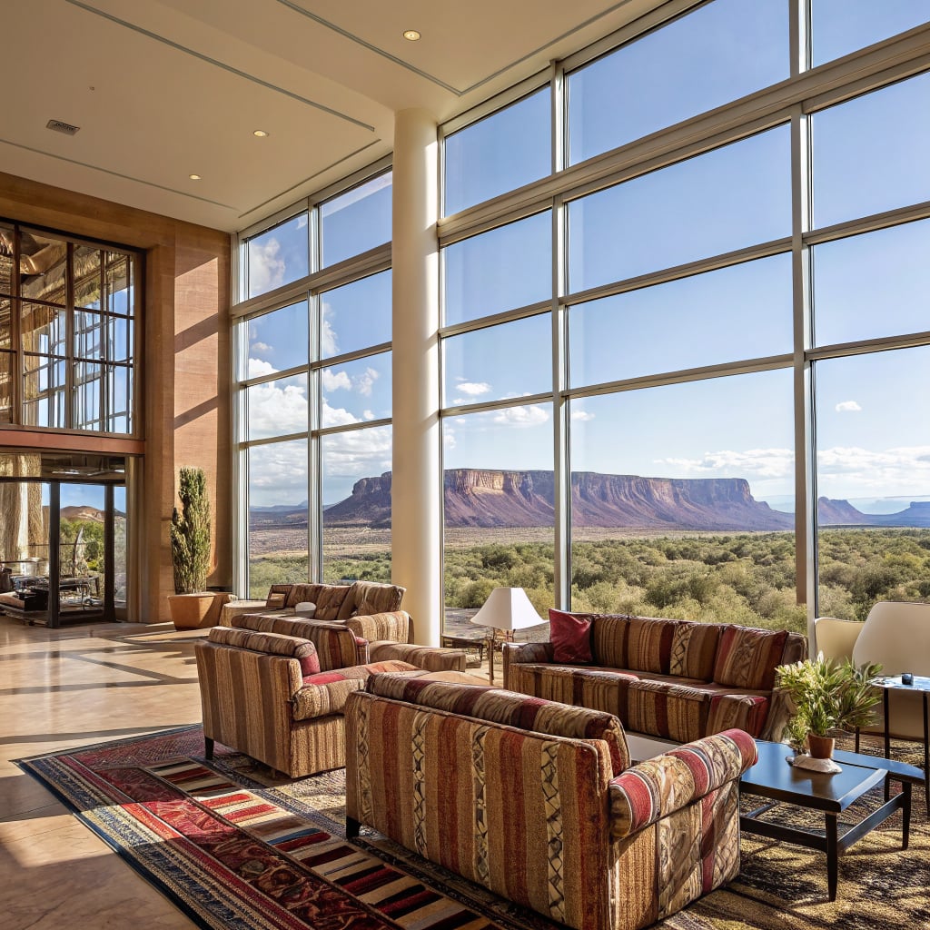 A spacious hotel lobby with large windows offering a view of mountains.