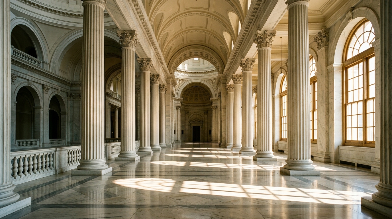 A grand interior space featuring tall columns and large windows that allow natural light to illuminate the marble floor.
