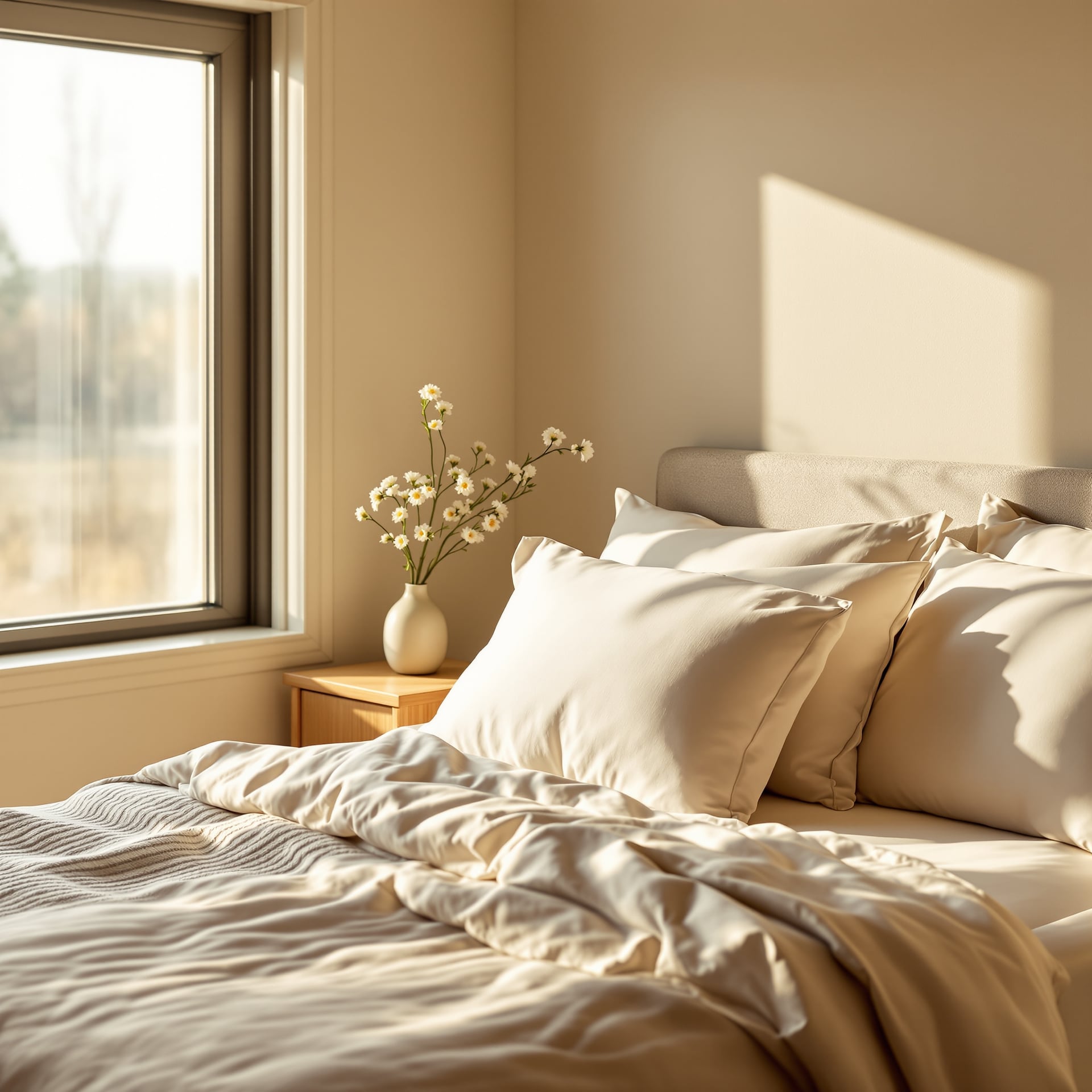 A cozy bedroom featuring a neatly made bed with soft pillows and a vase of flowers on a bedside table.