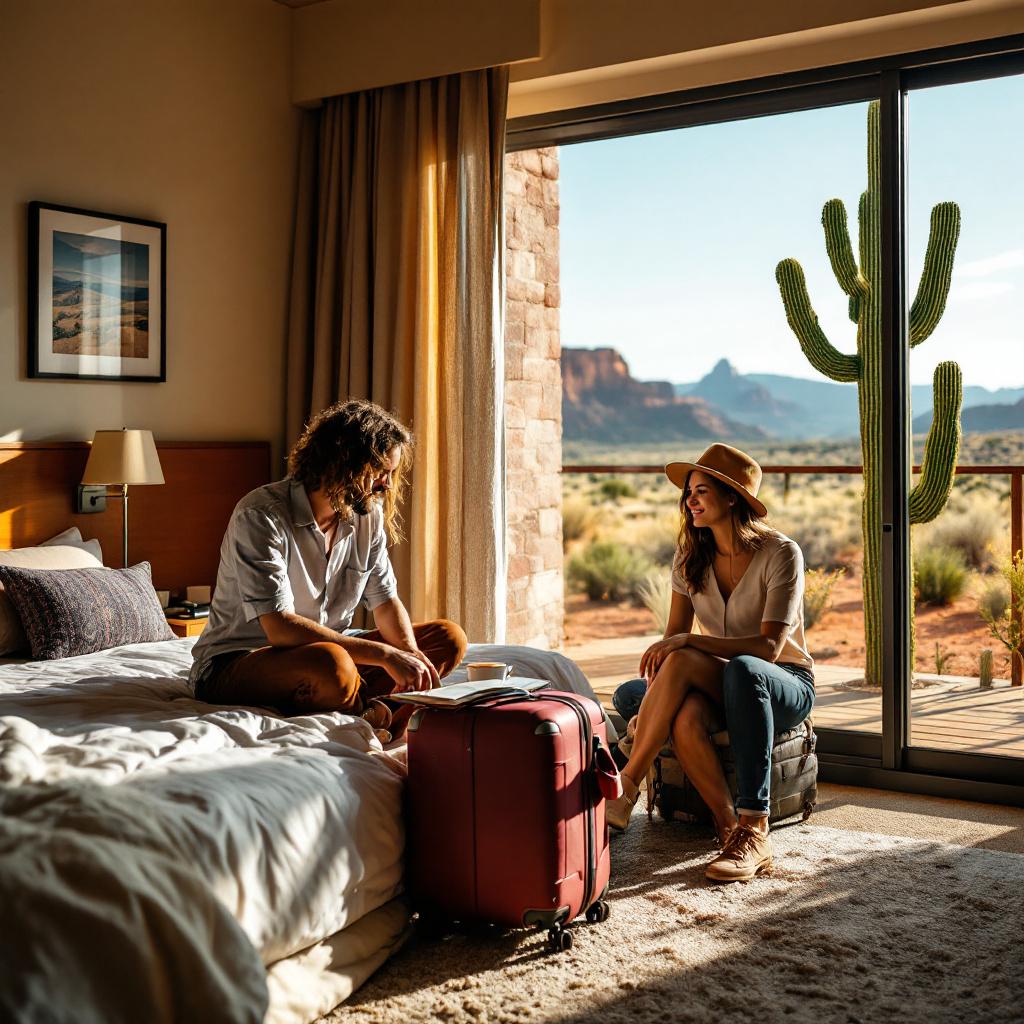 A couple sits in a hotel room with a view of a desert landscape and a cactus outside.