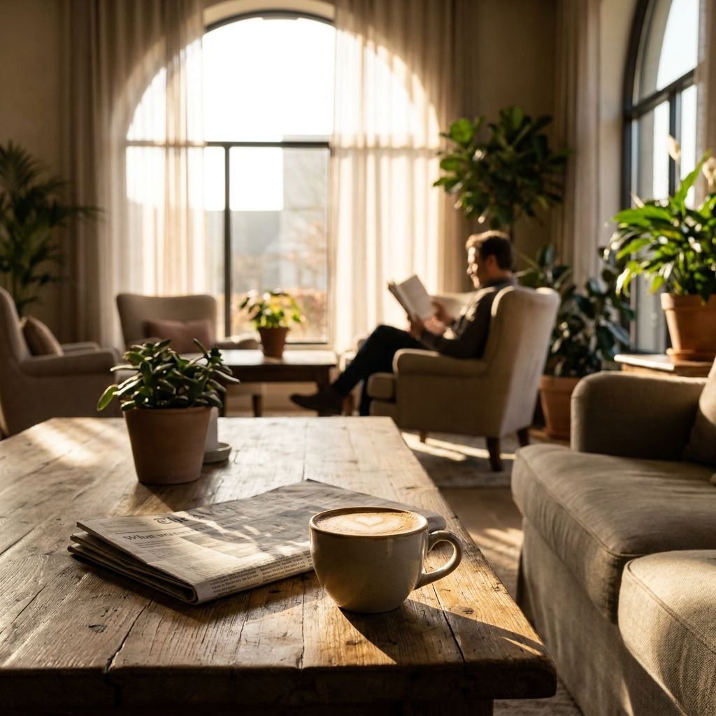 A cozy interior scene featuring a man reading a book while sitting in a comfortable chair, with a coffee cup and newspaper on a wooden table.