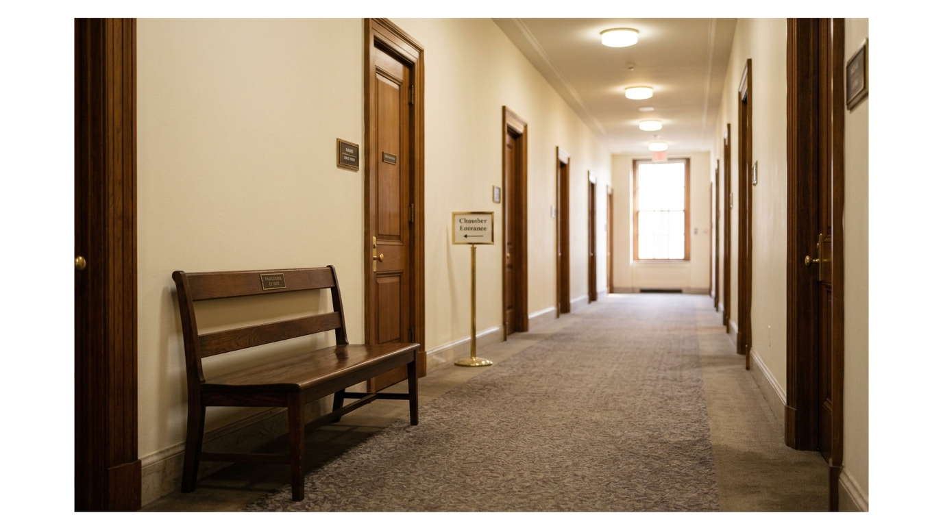 A hallway with wooden doors and a bench along one side.