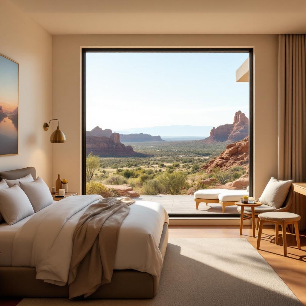 A modern hotel room with a large window showcasing a desert landscape.
