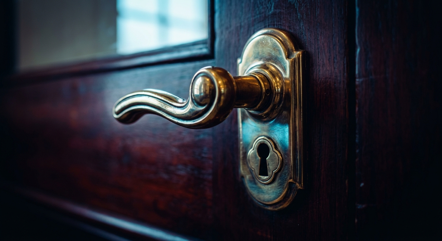 A close-up of a vintage door handle and keyhole.
