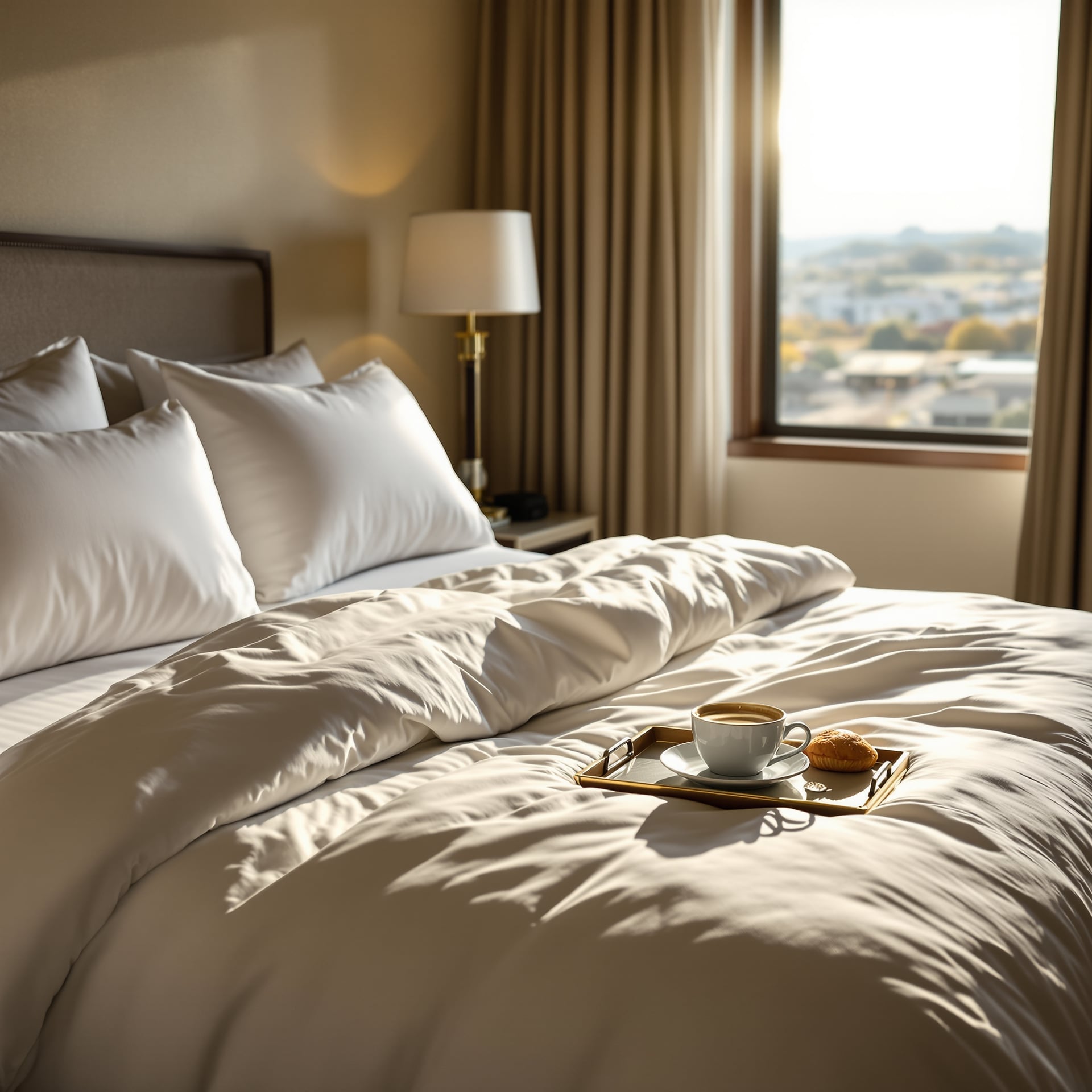 A cozy hotel room featuring a neatly made bed with a tray of coffee and a cookie.