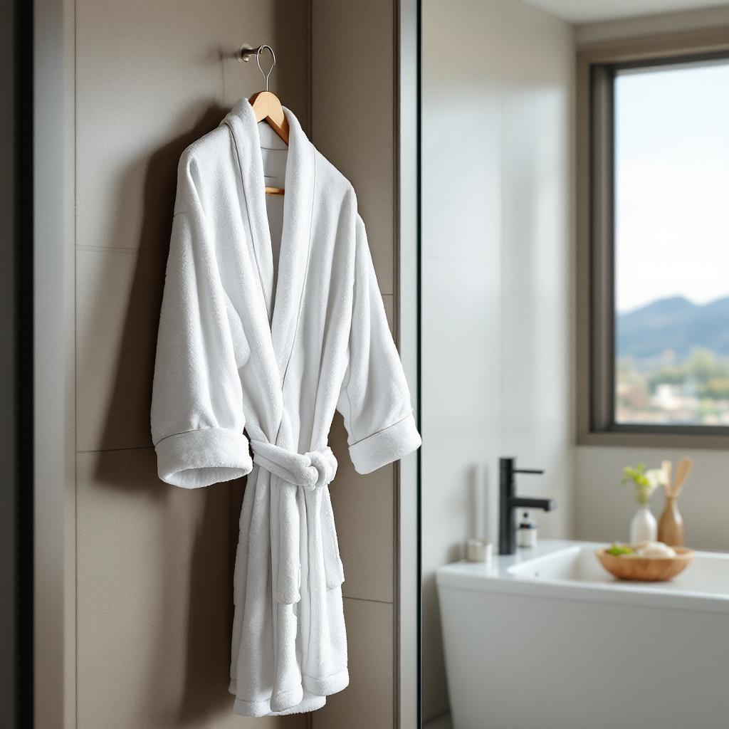 A white bathrobe hanging on a hook in a modern bathroom.