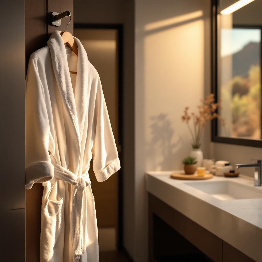 A white bathrobe hanging on a hook in a modern bathroom.