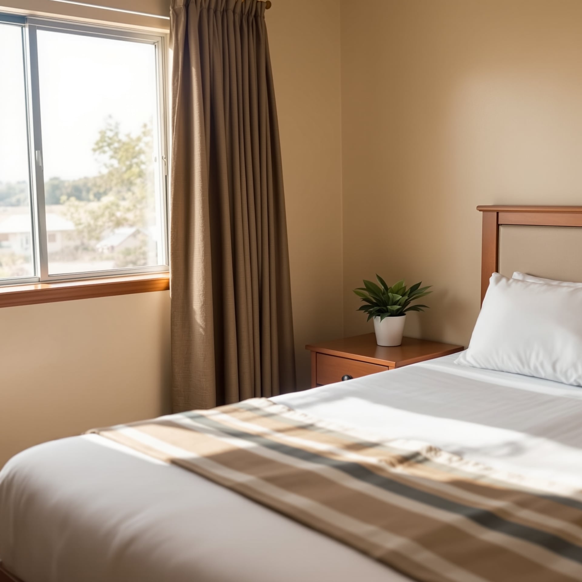 A well-lit hotel room featuring a bed, window, and a small plant.