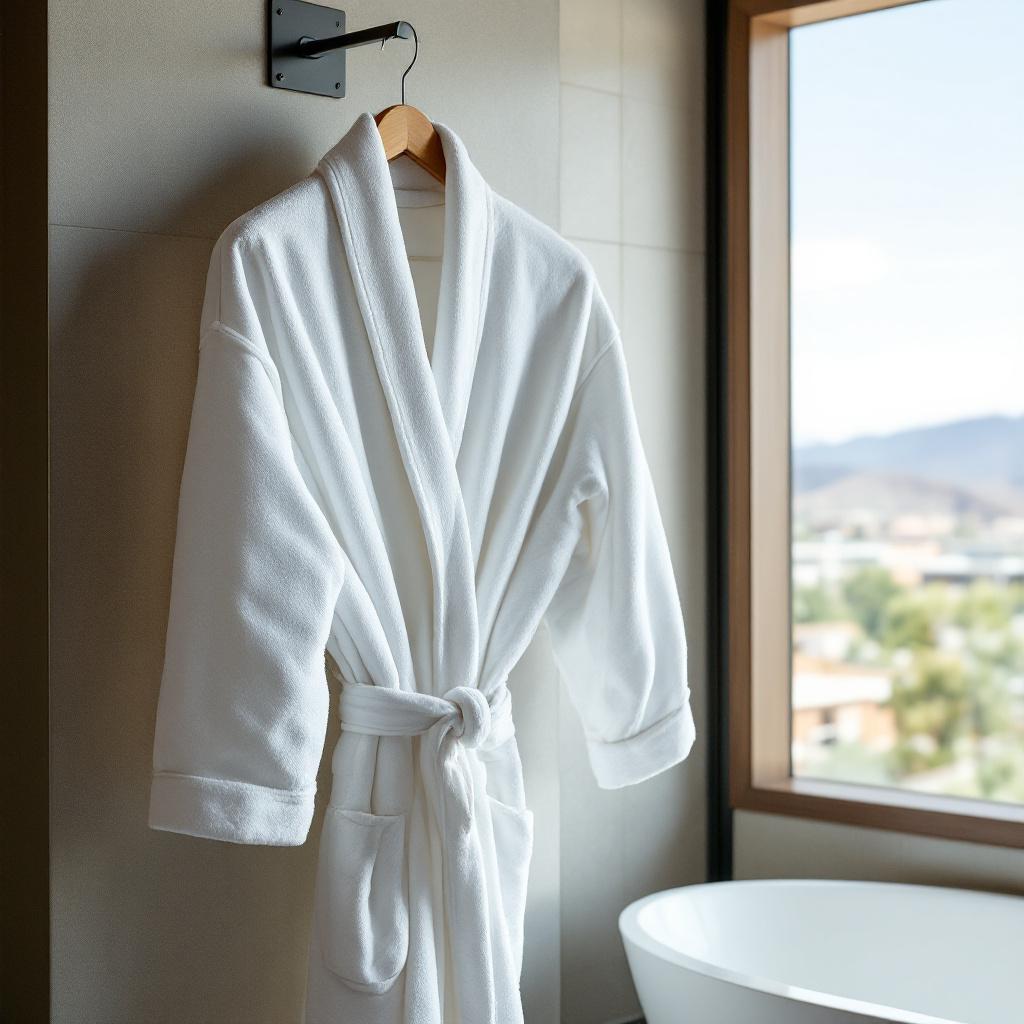 A white bathrobe is hanging on a hook next to a window with a view.