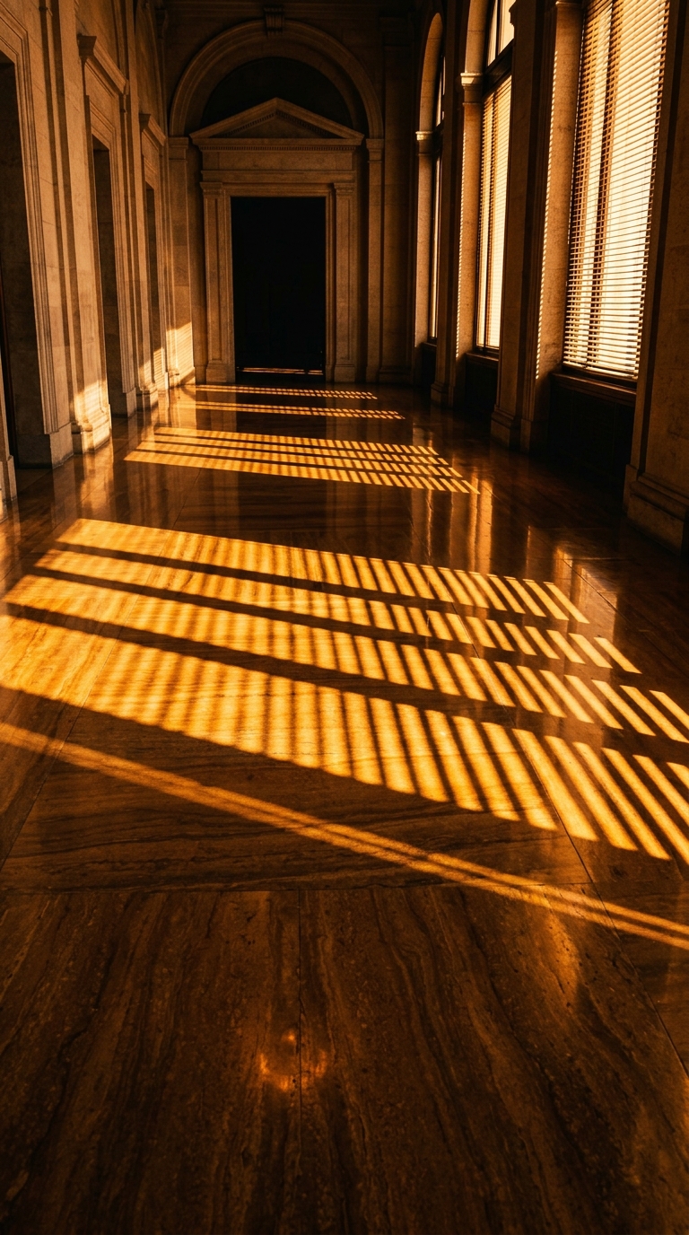 The image shows a hallway with sunlight casting shadows on a polished floor.