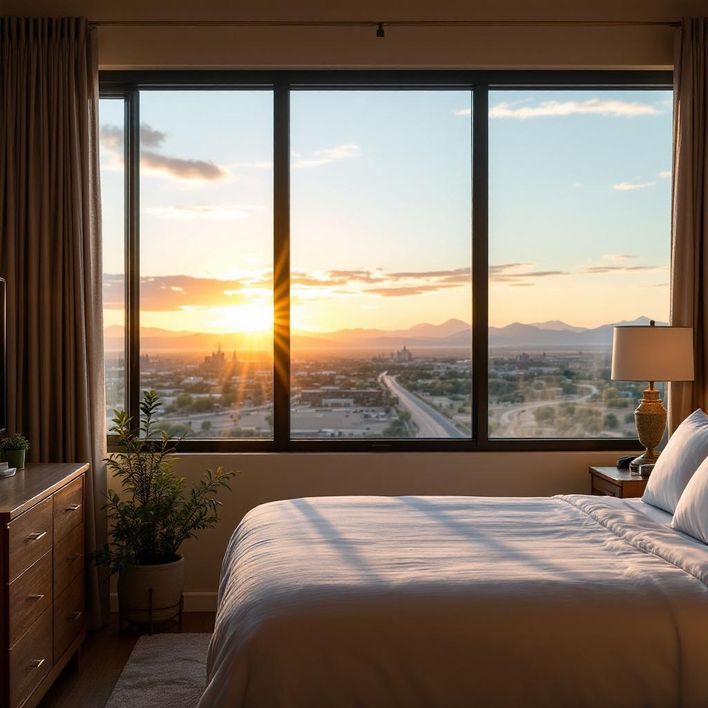 A hotel room with a bed and a large window showcasing a sunset view over a city landscape.