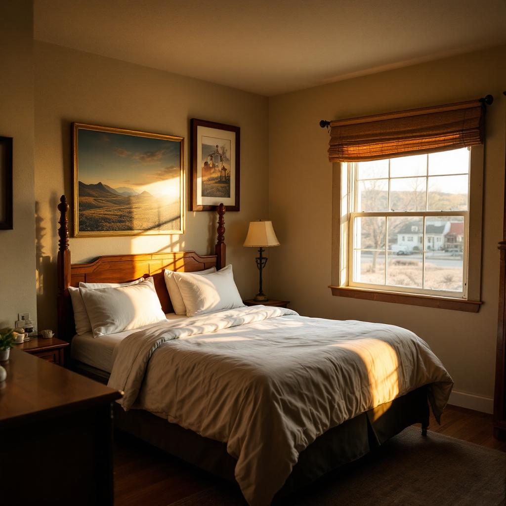 A cozy hotel room with a bed, window, and warm lighting.