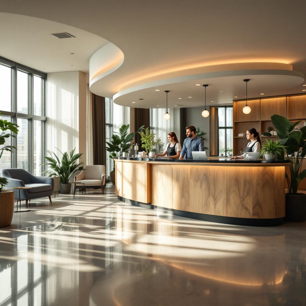 A modern hotel reception area with three staff members at the front desk surrounded by plants and large windows.