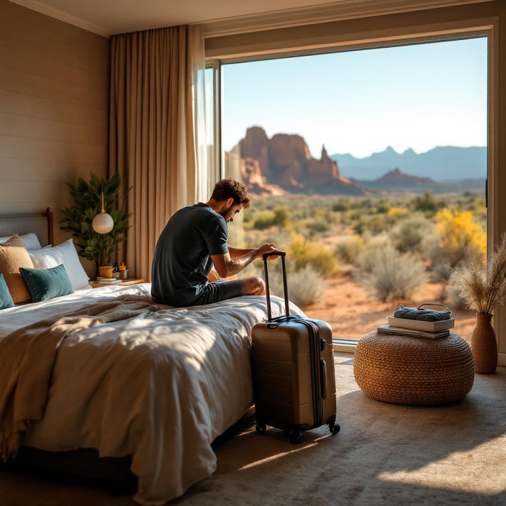 A man sits on a bed in a hotel room, looking out at a desert landscape with rock formations.