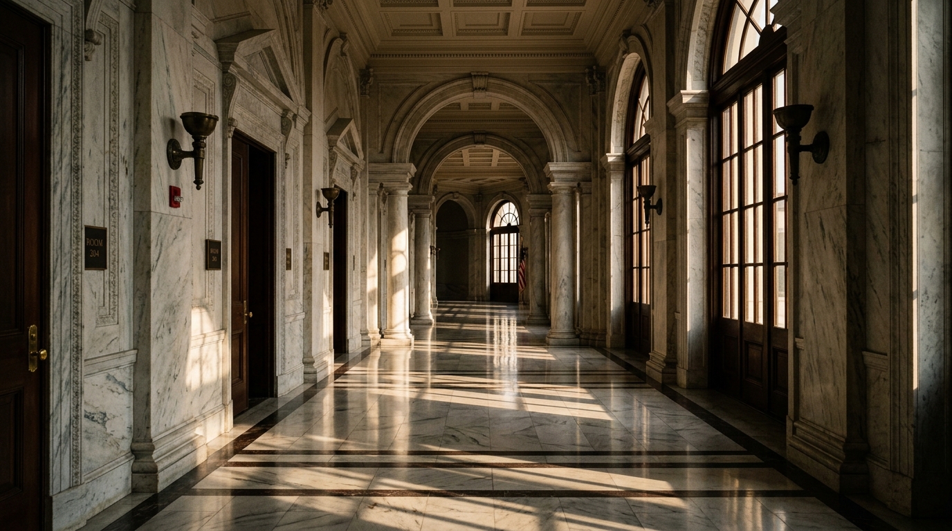 A marble hallway with large windows and ornate architectural details.