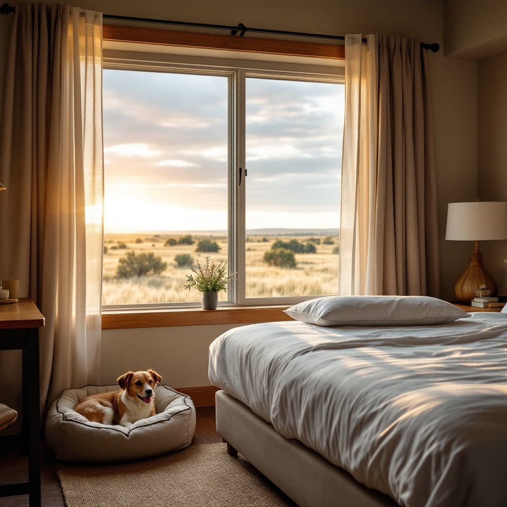 A cozy bedroom with a dog resting in a bed by a large window overlooking a sunset landscape.