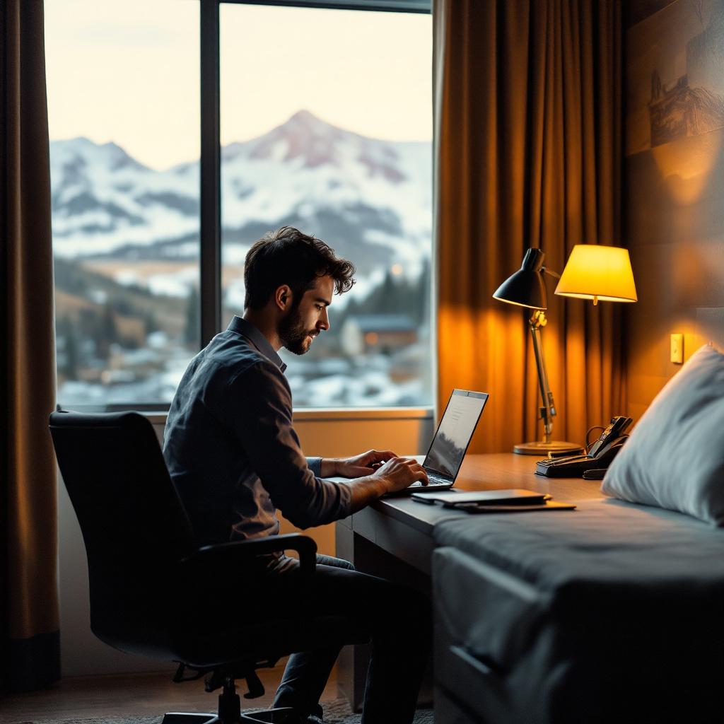 A man working on a laptop at a desk in a hotel room with a mountain view.