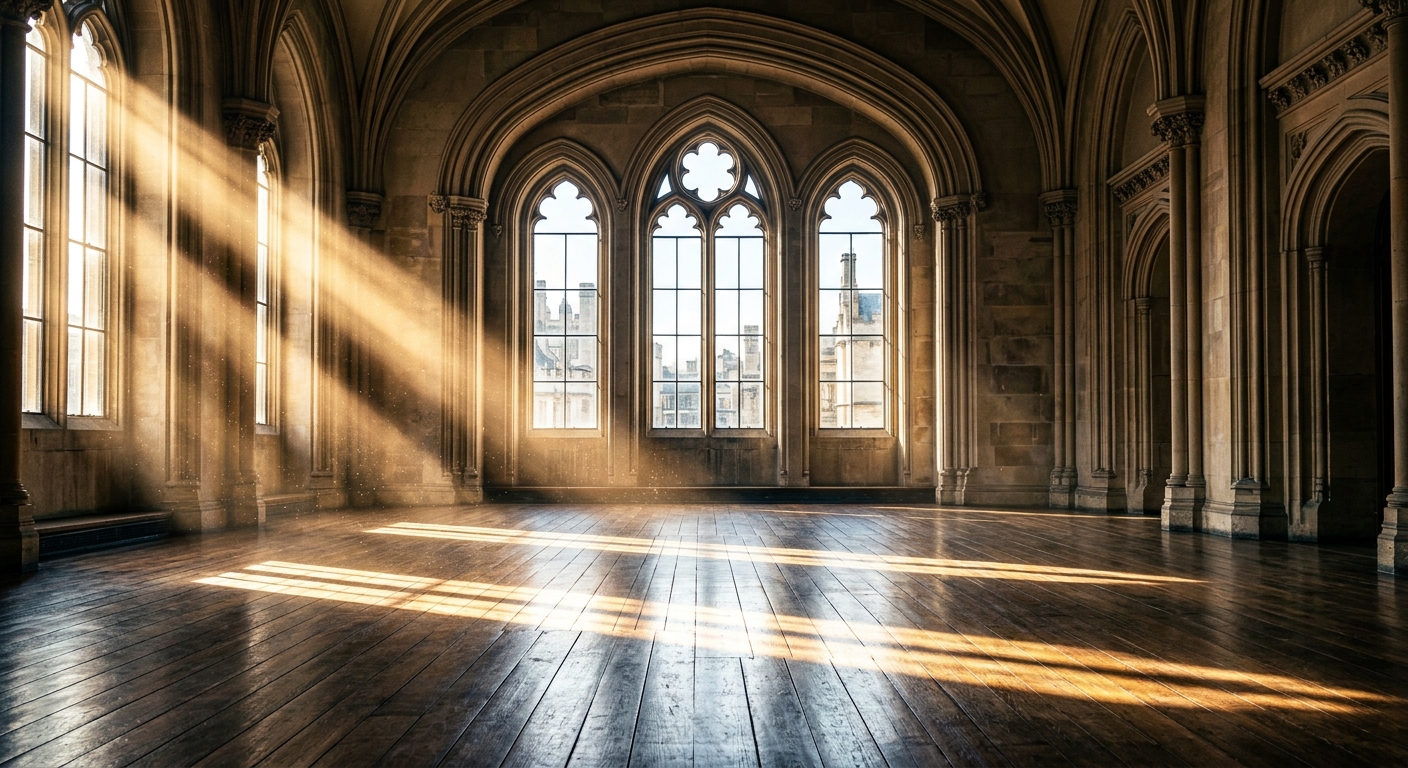 A sunlit room with large arched windows and wooden flooring.