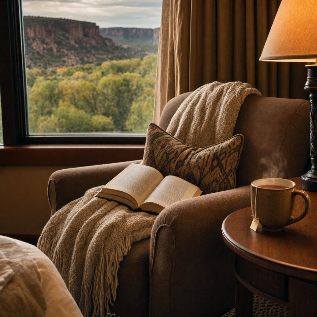 A cozy reading nook featuring a chair with a blanket, an open book, and a steaming cup of coffee beside a window overlooking a scenic view.