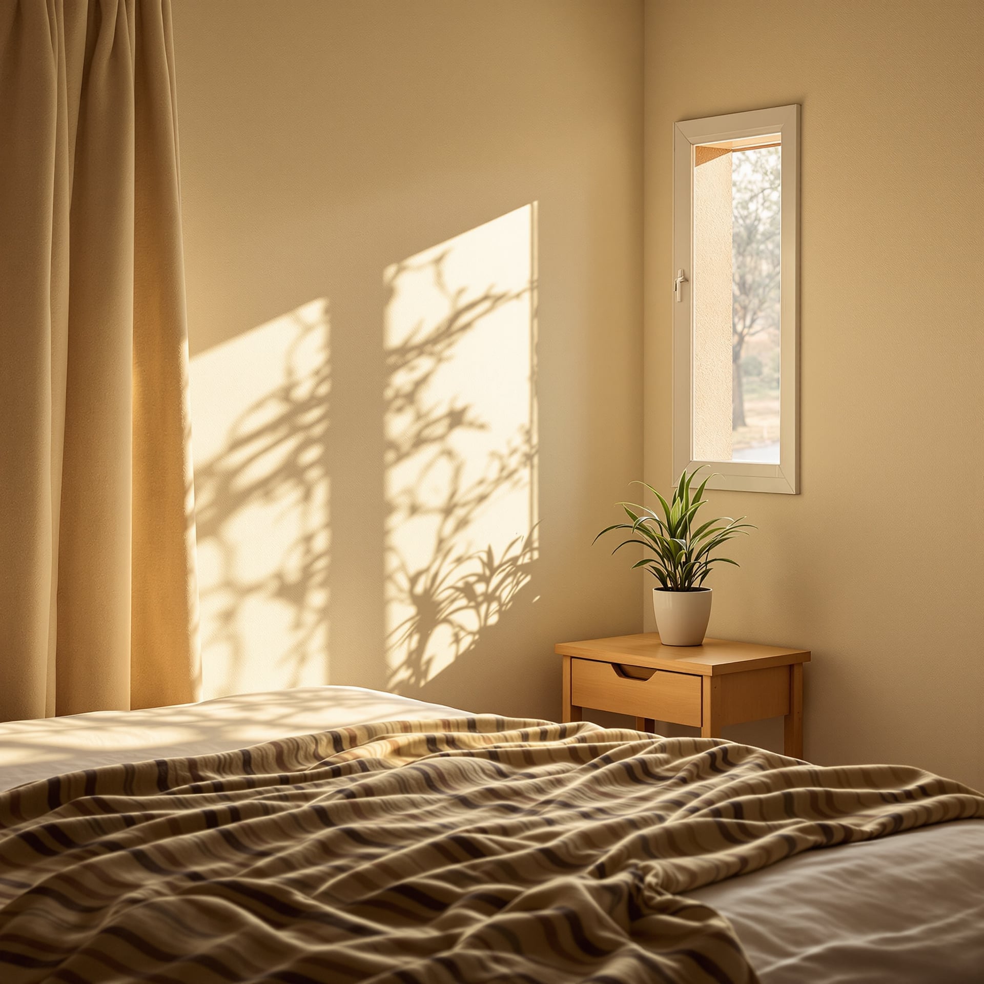 A cozy bedroom with a bed, a nightstand, and a potted plant near a window casting shadows on the wall.