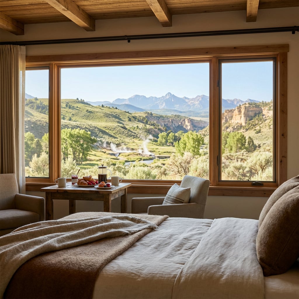 A cozy hotel room with a view of mountains and greenery through a large window.