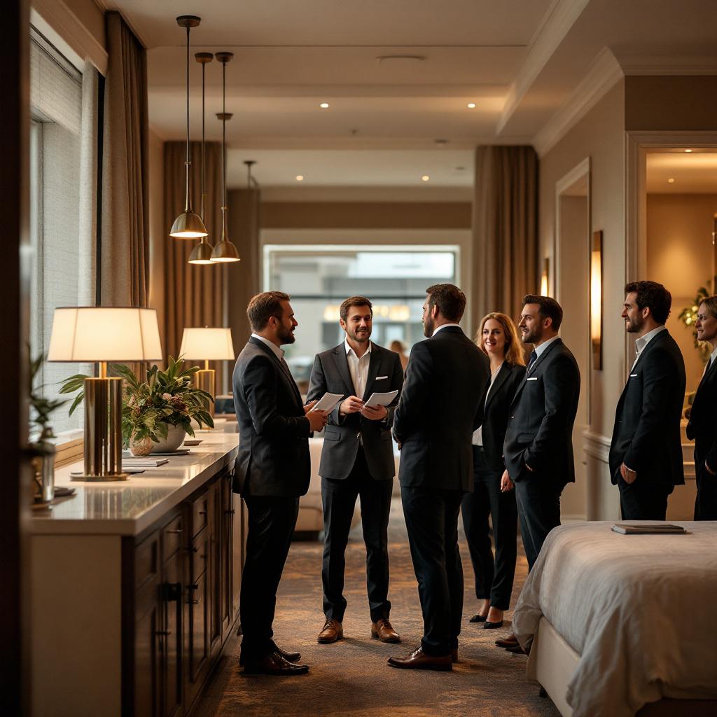 A group of six professionals in business attire are engaged in conversation in a hotel room.