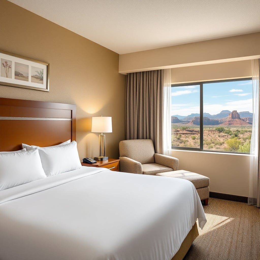 A hotel room featuring a bed, chair, and a large window with a view of mountains.