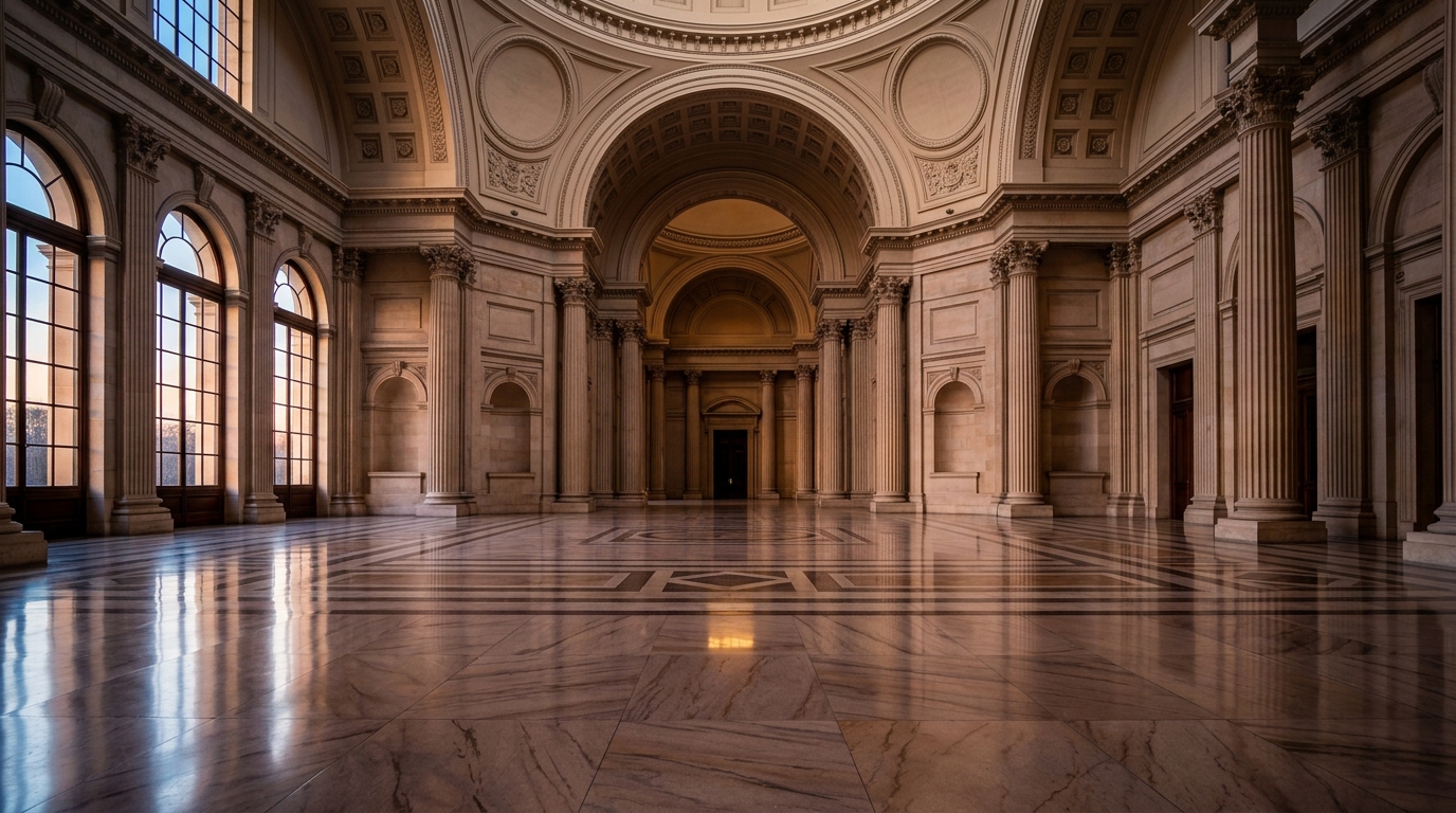 A grand interior space featuring large columns and intricate marble flooring.