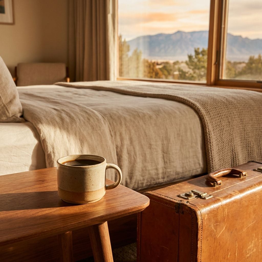 A cozy bedroom with a bed, a coffee mug on a table, and a suitcase, overlooking a mountain view through a window.