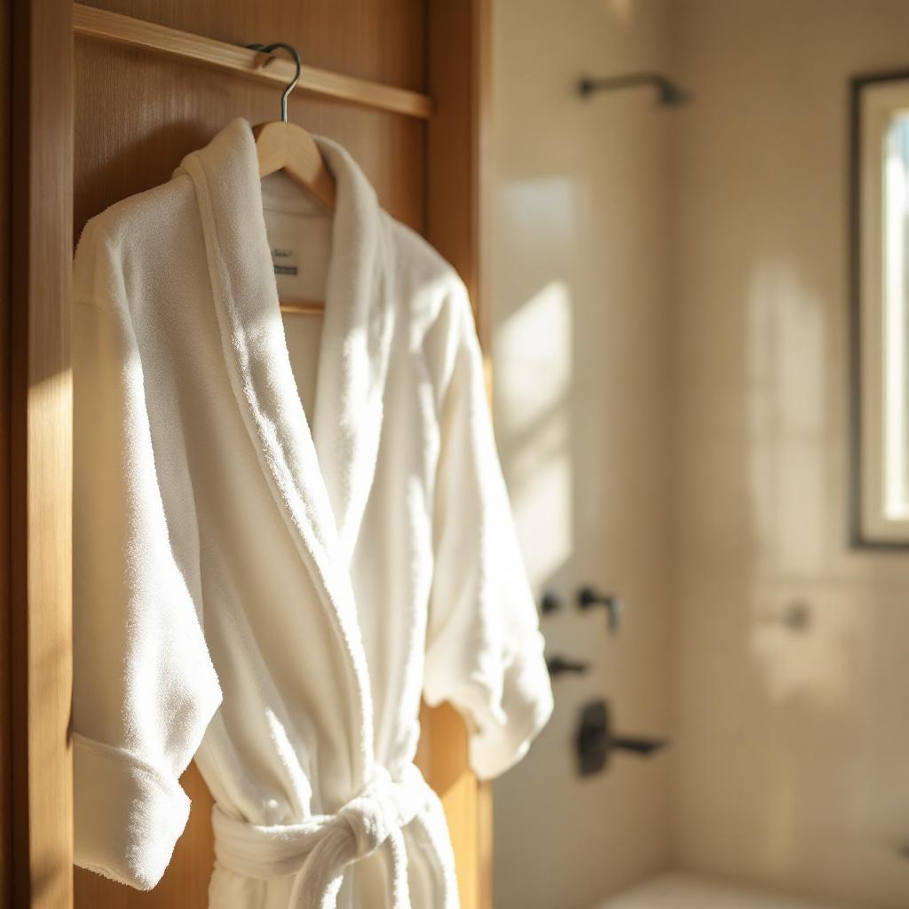 A white bathrobe hanging on a wooden hanger in a bathroom.