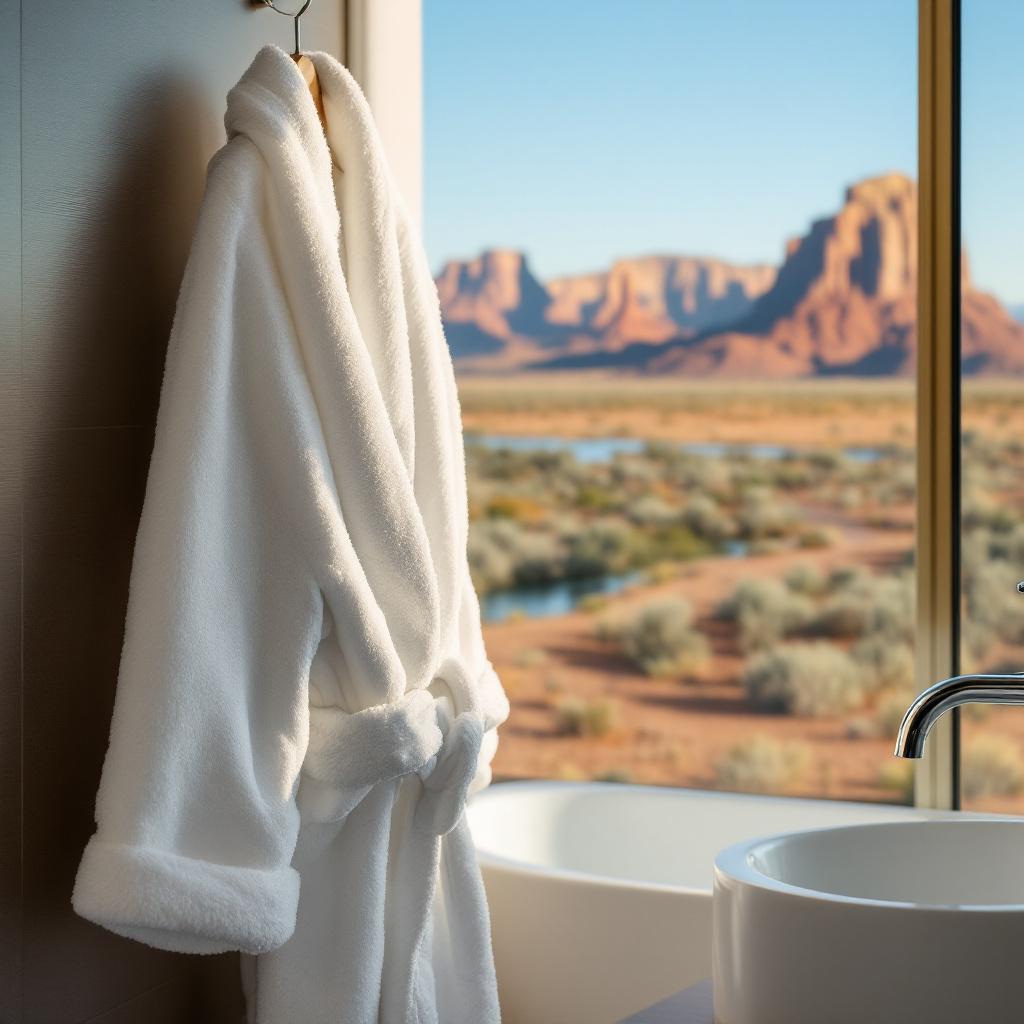 A white bathrobe hangs in a bathroom with a view of desert landscape and mountains.