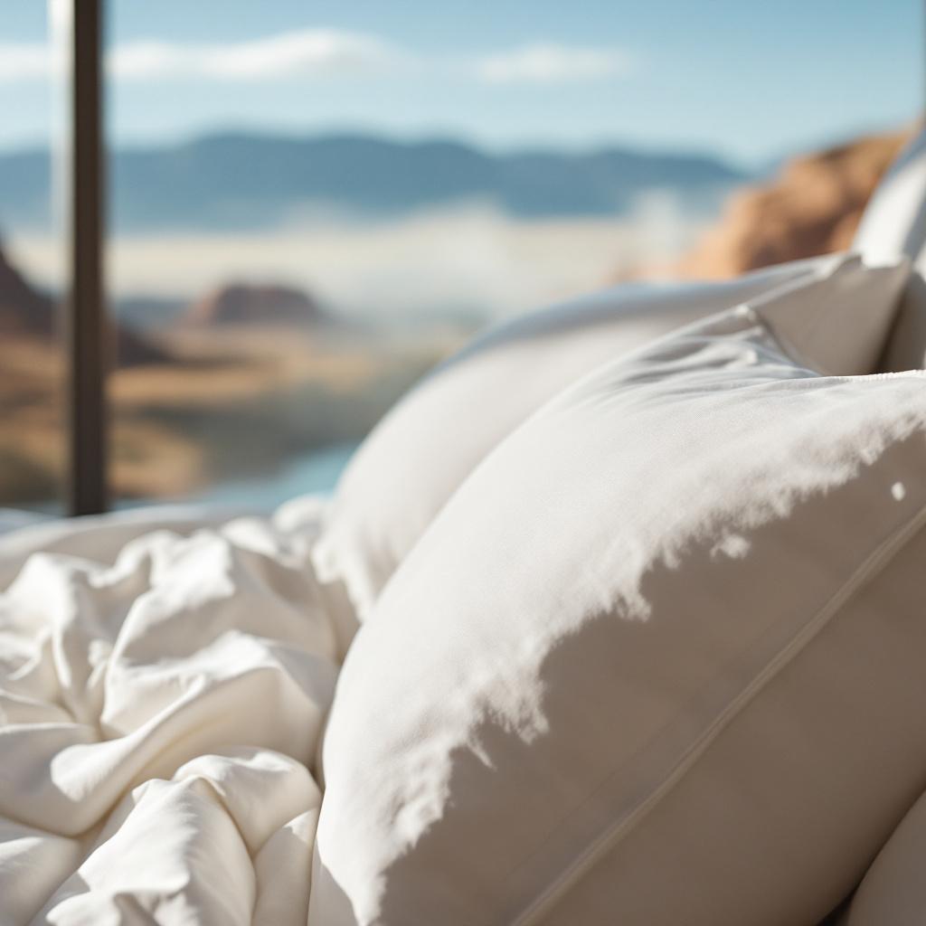 A close-up view of white pillows and bedding with a scenic background.