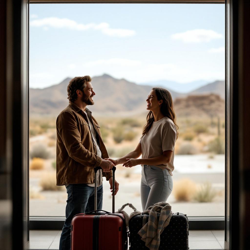 A couple stands together with luggage in a modern hotel lobby, with mountains visible in the background.